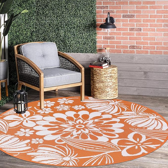 Ileading Round Outdoor Plastic Straw Rug 6ft Funny Floral Style Reversible Patio Area Rugs Waterproof Non Shedding Portable Carpets for Rv Outside Deck Pool Beach Picnic Camping (Orange)