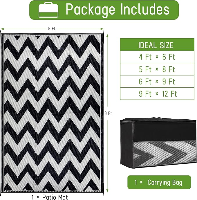 Easy-Going Reversible Outdoor Rugs 5x8ft Waterproof Plastic Straw Rug Stain & UV Resistant Floor Mat for Patio Porch RV Backyard Pool Deck Picnic Beach Trailer Camping (Waved Black & Light Grey)