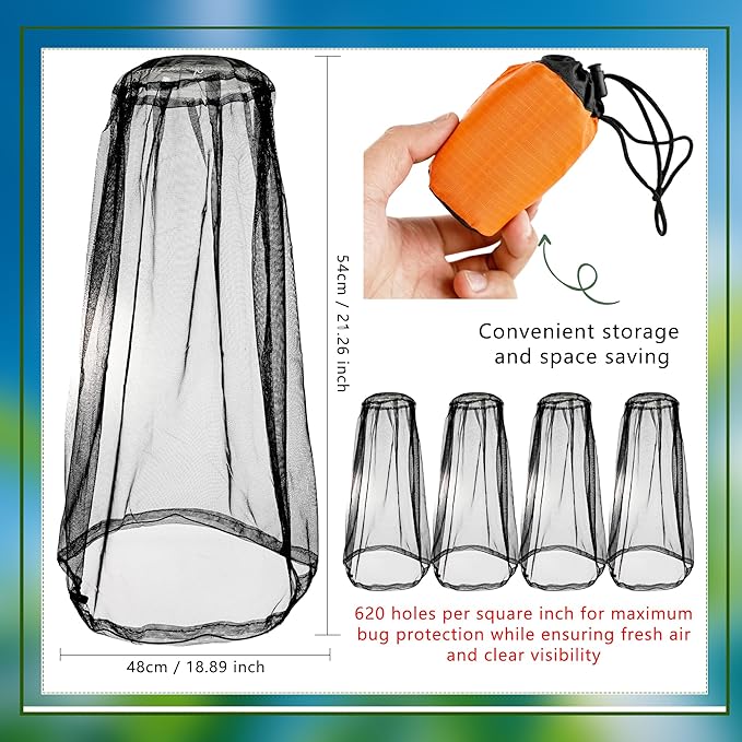 6 Pack Mosquito Head Net Bug Wearable Head Net Mesh with Carry Bags to Prevent Mosquito Fly Insects Bugs for Outdoor Hiking Camping Climbing