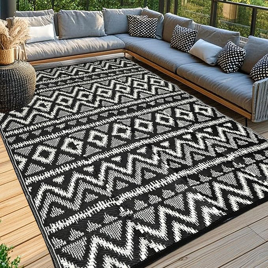 Waterproof Outdoor Rug 9x12 ft, Reversible Plastic Straw Rug, Easy to Clean Patio Rug, Portable Carpet for Patio, RV, Deck, Balcony, Backyard, Picnic, Beach, Geometric Diamond, Gray