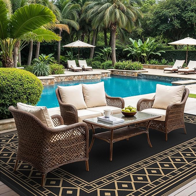 GENIMO Outdoor Rug Waterproof 9'x12' for Patio, Foldable Reversible Plastic Straw Carpet for Travel Trailers, Outside Area Mat for Rv, Deck, Picnic, Porch, Camper, Balcony, Beach, Black & Brown