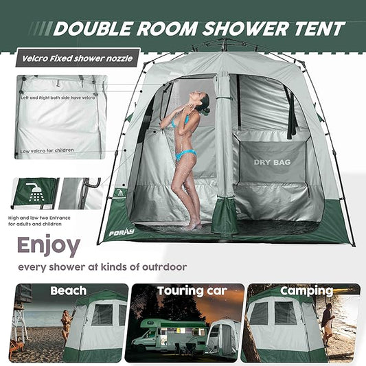 Camping Shower Tent Deluxe Changing Room Easy Set Up Privacy Shelter,Large Toilet Tent 2 Rooms with Floor Drain Design for Beach, Camping,Hiking with Stakes and Ropes for Stability