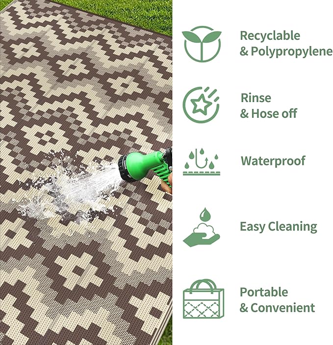 GENIMO Outdoor Rug for Patio, 5' x 8' Lightweight Waterproof Plastic Straw Rugs, Reversible Camping Carpet, Large Area Rugs Mat for RV, Deck, Balcony, Porch, Backyard, Coffee & Beige