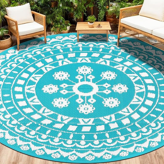 Capslpad 8Ft Round Outdoor Rug for Patio Clearance Boho Reversible Mat Waterproof Outdoor Plastic Straw RV Camping Rug Outside Circle Area Rug for Porch Deck Terrace Picnic Beach Apartment, Teal