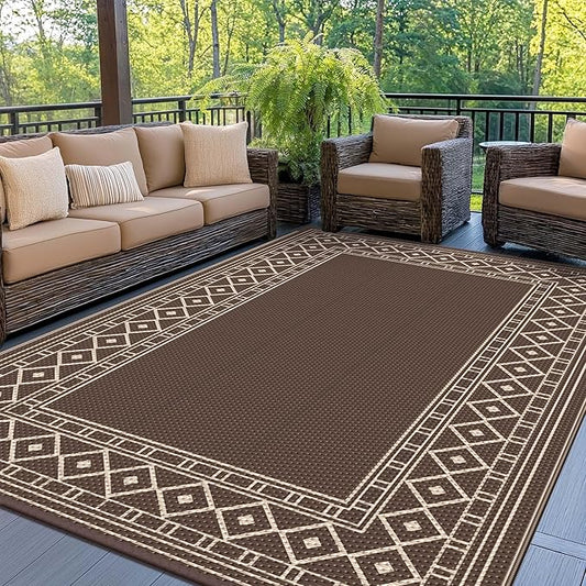 GENIMO Outdoor Rug Waterproof for Patio, 9'x12' Foldable Reversible Plastic Straw Carpet for Travel Trailers, Outside Area Mat for Rv, Deck, Picnic, Porch, Camper, Balcony, Beach, Coffee & Beige