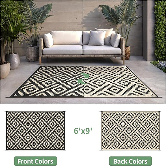 Outdoor Rug for Patio - Waterproof Plastic Straw Camping Rugs 6x9 ft, Reversible Outdoor Indoor RV Mat Carpet for Patio, Porch, Deck, Balcony, Picnic, Beach, Black Beige