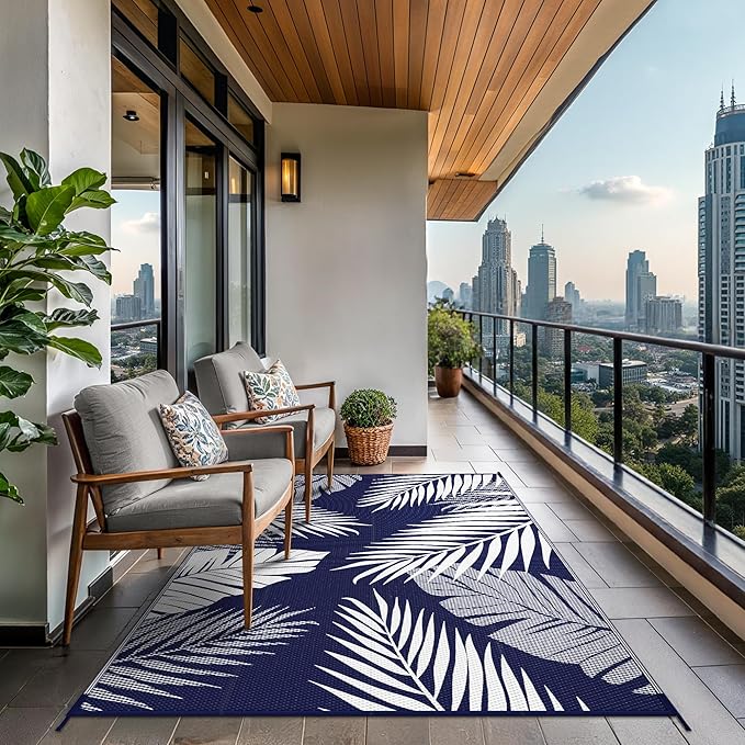 GENIMO Outdoor Rug 5' x 8' Waterproof for Patios Clearance, Reversible Outdoor Plastic Straw Camping Rug Carpet, Large Area Rugs Mats for RV, Picnic, Backyard, Deck, Balcony, Porch, Beach, Blue&White