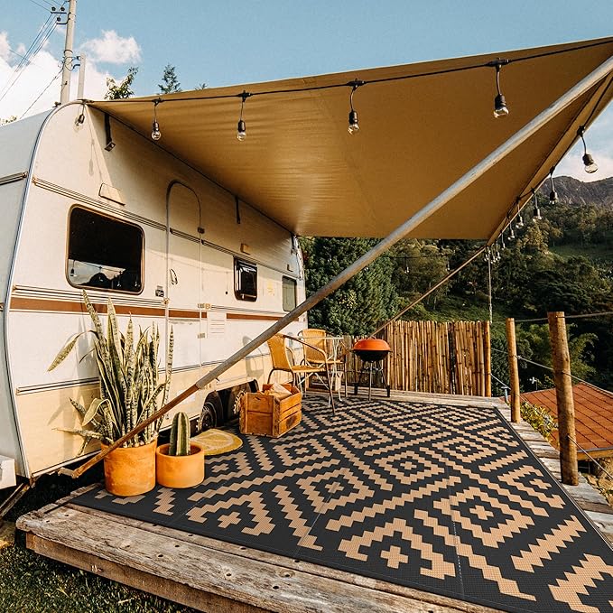 GENIMO Outdoor Rug Waterproof, 10' x 10' Reversible Plastic Straw Rugs, Lightweight Large RV Camping Mat for Patio, Deck, Camper, Balcony, Backyard, Picnic, Black & Brown