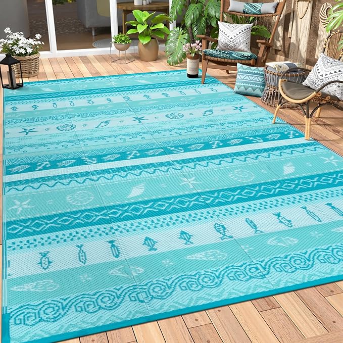 Lahome Outdoor Rug 8x10 Patio Waterproof, Reversible Outdoor Plastic Straw Rug for Camping, RV Patio Rugs Outside Large Carpet for Porch Deck Backyard Picnic(Blue/Multi,8'x 10')