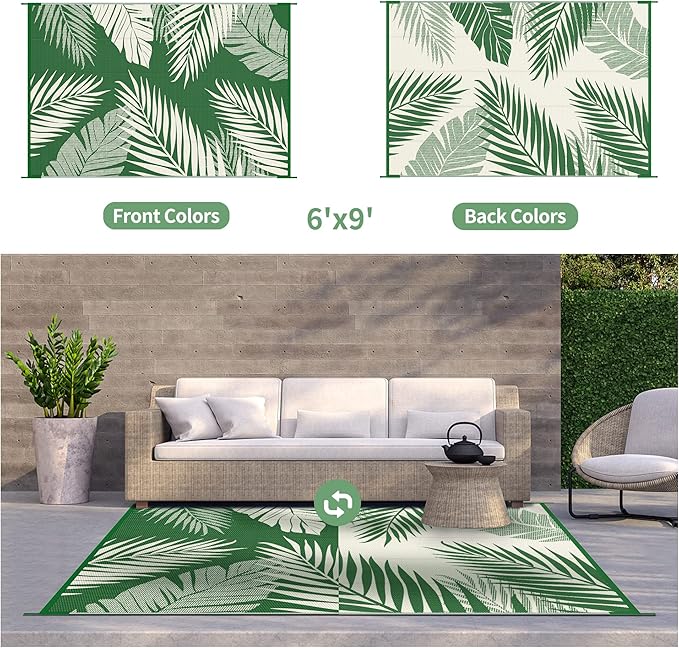 GENIMO Outdoor Rug 6' x 9' Waterproof for Patios Clearance, Reversible Outdoor Plastic Straw Camping Rug Carpet, Large Area Rugs Mats for RV, Picnic, Backyard, Deck, Balcony, Porch, Dark Green&White