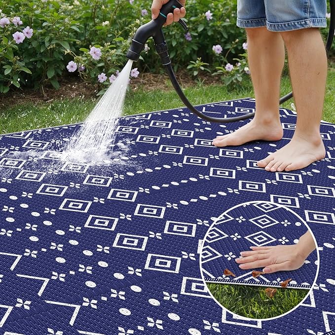 StepRite 8’ x 10’ Reversible Outdoor Rug, Waterproof Plastic Straw Rug, Patio Rug, Large Modern Area Rug Carpet, Indoor Outdoor Rugs for Camping, Porch, Deck, Balcony, Backyard, RV, Picnic(Blue)