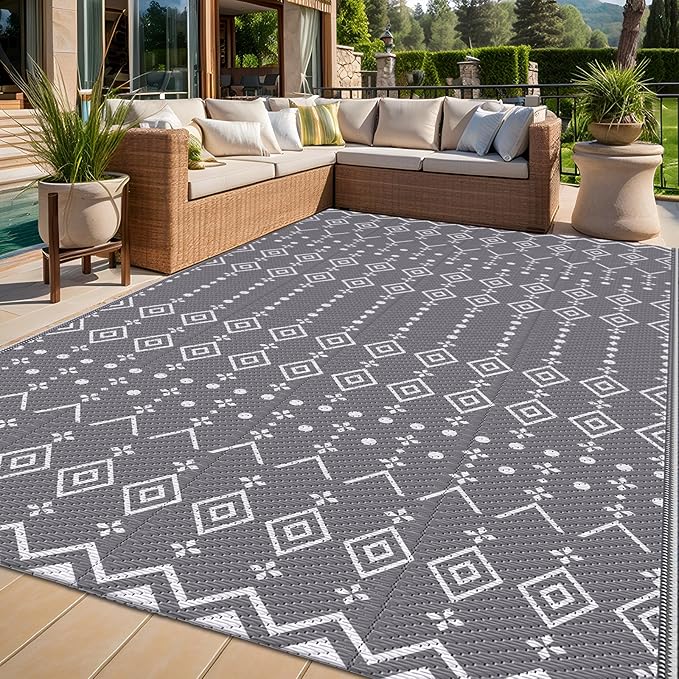 StepRite 5’ x 8’ Reversible Outdoor Rug, Waterproof Plastic Straw Rug, Patio Rug, Large Modern Area Rug Carpet, Indoor Outdoor Rugs for Camping, Porch, Deck, Balcony, Backyard, RV, Picnic(Grey)