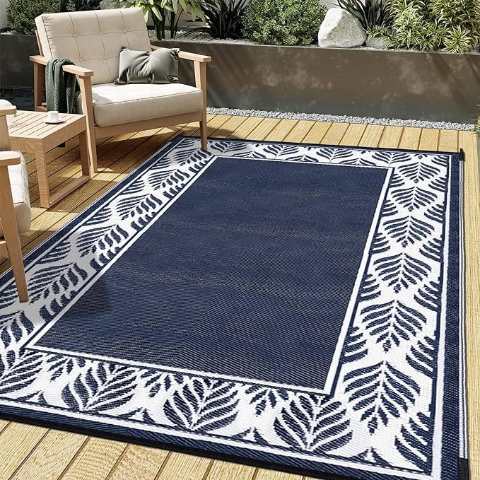 Outdoor Plastic Straw Rug, Waterproof Mat, Washable Large Floor Mat and Rug for Outdoors, RV, Beach, Patio, Camping, Backyard, Deck, Picnic, Outside (5x8ft,Olive-Leaf/Dark Blue&White)