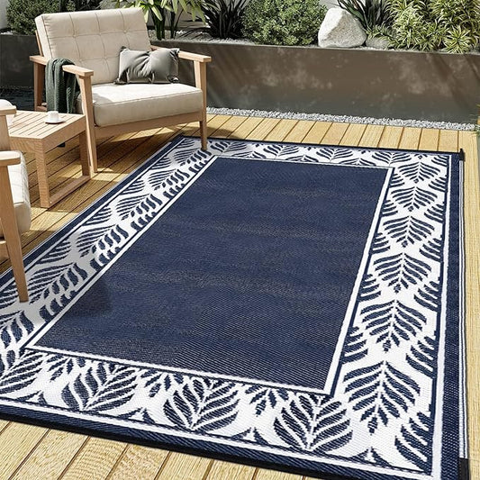 Outdoor Plastic Straw Rug, Waterproof Mat, Washable Large Floor Mat and Rug for Outdoors, RV, Beach, Patio, Camping, Backyard, Deck, Picnic, Outside (5x8ft,Olive-Leaf/Dark Blue&White)