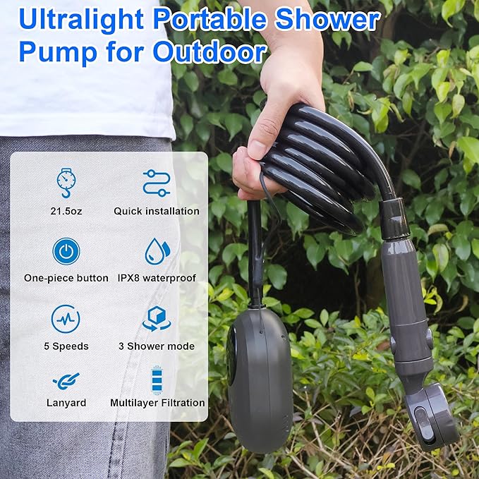 Lightweight Portable Camping Shower, 6000mAh Rechargeable Outdoor Shower Pump with 5 Pressure Modes, Filtered Shower Head, Temperature & Power Display for Hiking, Travel, Washing, Emergency