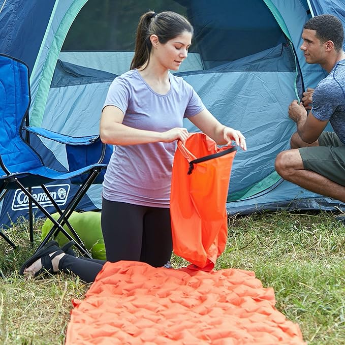 Coleman Kompact Inflatable Camp Sleeping Pad with Built-in Air Valve and Included Carry Bag, No Pump Needed, Textured Grip Bottom Keeps Pad in Place, Premium/Basic