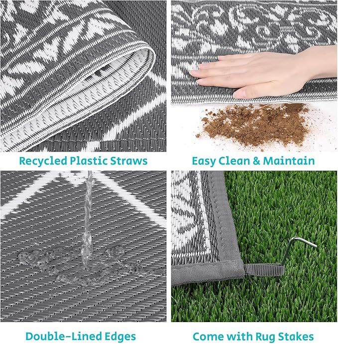 HEBE Outdoor Rug 9'x12' for Patios Waterproof Clearance Reversible Patio Mat Plastic Straw Rug RV Camping Mat Outside Area Rug Carpet for Camping RV,Porch,Deck,Balcony,Camper,Backyard