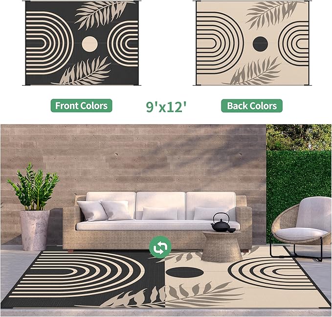 GENIMO Outdoor Rug 9' x 12' Waterproof for Patio Clearance, Reversible Lightweight Plastic Straw Camping Carpet, Large Area Rugs Mats for Rv, Backyard, Deck, Porch, Picnic, Balcony, Mix-Black & Beige