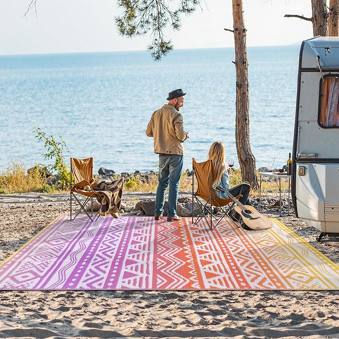 Lahome Outdoor Rug Waterproof, 6x9 Reversible Outdoor Plastic Straw Rug for Camping, RV Patio Rugs Large Carpet for Porch Deck Backyard Balcony Picnic(Orange/Purple,6'x 9')