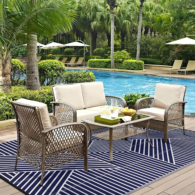 GENIMO Outdoor Rug 6'x9' for Patio Waterproof Clearance, Reversible Outdoor Plastic Straw Rug, Lightweight Carpet Camping Mat for Rv, Camper, Picnic, Balcony, Backyard, Deck, Porch, Blue & White