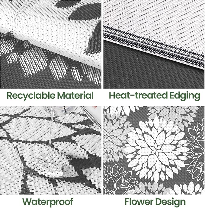 LuxStep Outdoor Rug Waterproof Outdoor Plastic Straw Rug Reversible Patio Rug Mat Outdoor Decor Large Area Mats for RV, Picnic, Backyard, Deck, Balcony, Porch, Beach, Camping, 6'x 9',Grey