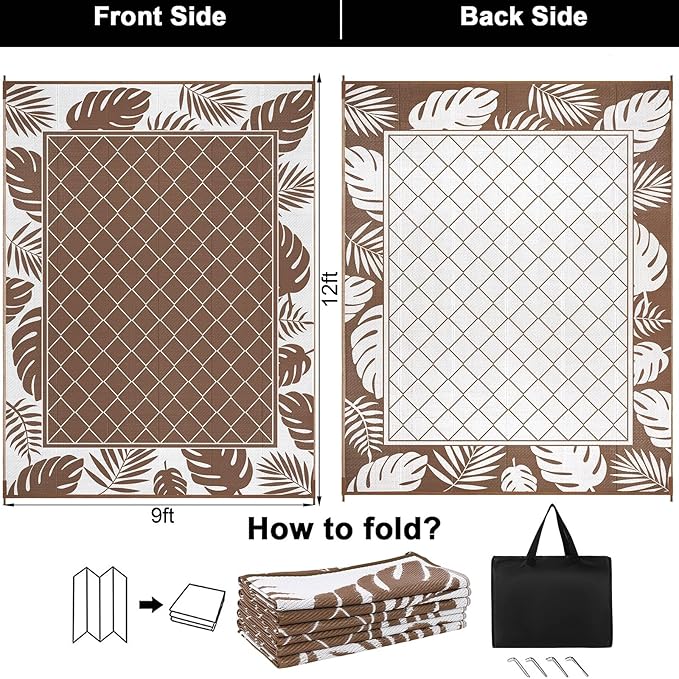 Ileading Outdoor Rug Carpet for Patio 9'x12' Waterproof Reversible Plastic Straw Rug Portable Outside Area Rug Camping Mat for Patio, Clearance, Balcony, Picnic, Pool, Beach, RV, Deck, Brown