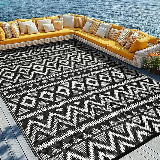 Waterproof Outdoor Rug 9x18 ft, Reversible Plastic Straw Rug, Easy to Clean Patio Rug, Portable Carpet for Patio, RV, Deck, Balcony, Backyard, Picnic, Beach, Geometric Diamond, Gray