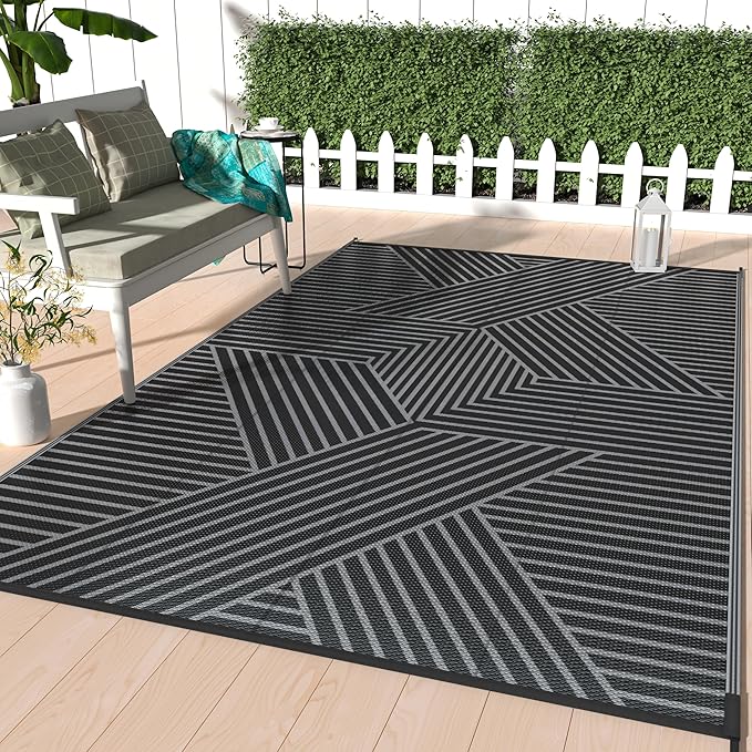 GENIMO Outdoor Rug 9'x12' for Patio Waterproof Clearance, Reversible Outdoor Plastic Straw Rug, Lightweight Carpet Camping Mat for Rv, Camper, Picnic, Balcony, Backyard, Deck, Porch, Black & Gray