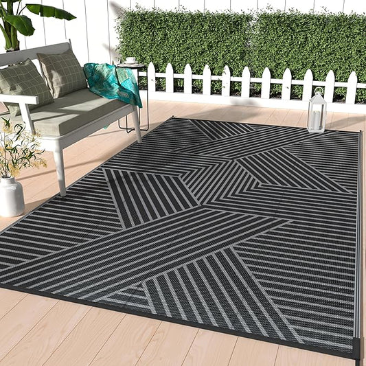 GENIMO Outdoor Rug 9'x12' for Patio Waterproof Clearance, Reversible Outdoor Plastic Straw Rug, Lightweight Carpet Camping Mat for Rv, Camper, Picnic, Balcony, Backyard, Deck, Porch, Black & Gray
