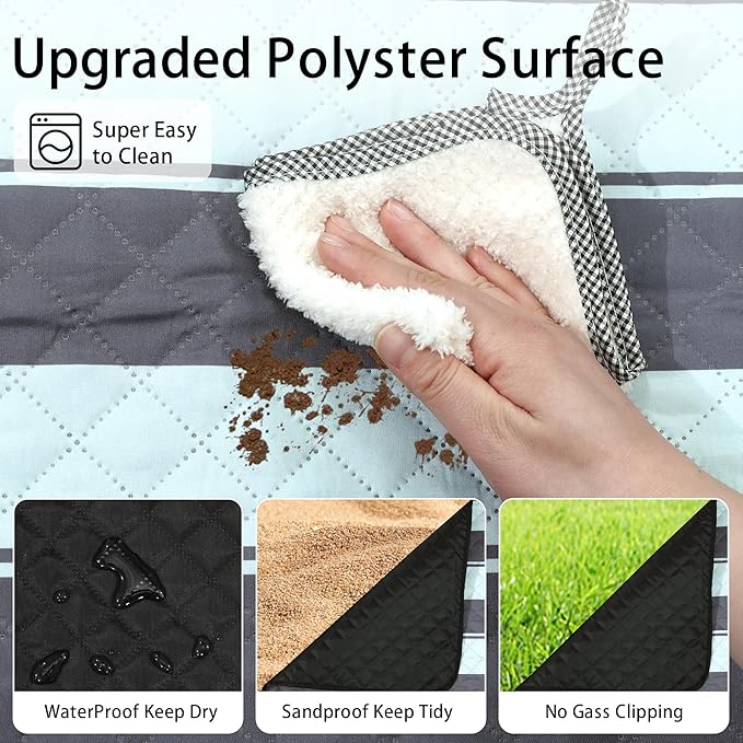 HX&OD Extra Large Picnic Outdoor Blanket, 80”x80” Waterproof Picnic Mat Foldable Camping Blanket Portable with Carry Strap for Beach Mat Outdoor Camping Party(Grey&Green)