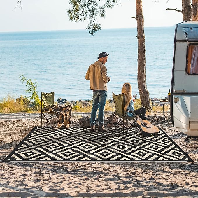 GENIMO Outdoor Rug 4'x6' Waterproof, Reversible Camping Mat, Plastic Straw Rugs for Patio, RV, Camper, Balcony, Backyard, Picnic, Deck (Black & Beige)