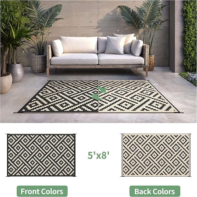 Outdoor Rug for Patio - Waterproof Plastic Straw Camping Rugs 5x8 ft, Reversible Outdoor Indoor RV Mat Carpet for Patio, Porch, Deck, Balcony, Picnic, Beach, Black Beige