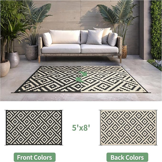 Outdoor Rug for Patio - Waterproof Plastic Straw Camping Rugs 5x8 ft, Reversible Outdoor Indoor RV Mat Carpet for Patio, Porch, Deck, Balcony, Picnic, Beach, Black Beige