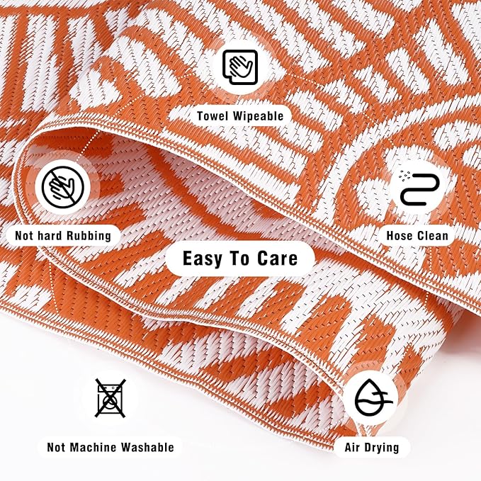 Ileading Outdoor Plastic Straw Rug 5x8ft Modern Geometric Style Reversible Patio Area Rugs Waterproof Non Shedding Portable Carpets for Rv Outside Deck Pool Beach Picnic Camping (Orange)