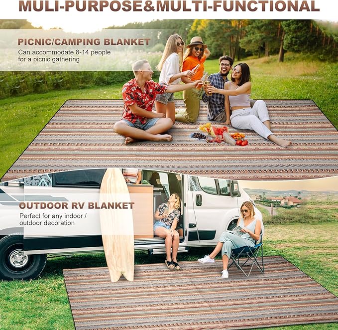 G GOOD GAIN Picnic Blankets Outdoor - Waterproof Outdoor Rug with Shoulder Carry Strap | Machine Washable Picnic Mat with Sandproof Backing for RV, Balcony, Camping, Hiking, Concerts (Orange, 9' x 6')