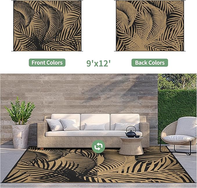 GENIMO Outdoor Rug 9' x 12' Waterproof for Patio Clearance, Reversible Plastic Straw Camping Carpet, Lightweight Mats for Rv, Backyard, Deck, Porch, Picnic, Beach, Balcony, Black & Brown