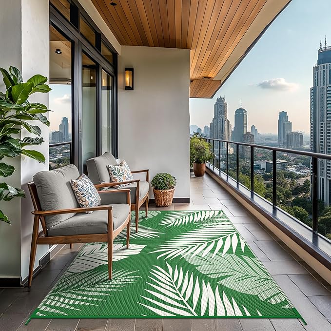 GENIMO Outdoor Rug 5' x 8' Waterproof for Patios Clearance, Reversible Plastic Straw Camping Rug Carpet, Large Area Rugs Mats for RV, Picnic, Backyard, Deck, Balcony, Porch, Dark Green&White