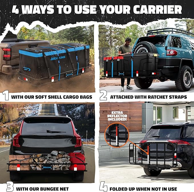 Mockins 60"x20"x6" Trailer Hitch Cargo Carrier w/16 CuFt Soft Vinyl Waterproof Cargo Bag & 4 Packing Cubes | 500 Lbs. Capacity Folding Luggage Rack for SUV/Car & Waterproof Truck Bed Storage Bag Set