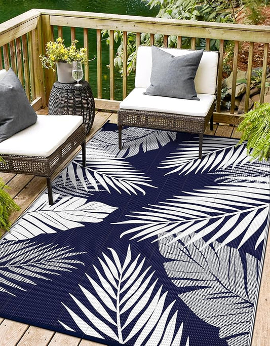 Outdoor Rug 9' x 12' for Patio Waterproof Clearance, Reversible Indoor Outdoor Plastic Straw Camping Rug Carpet, RV Mat, Large Area Rug for Deck, Backyard, Balcony, Porch, Navy Blue and White