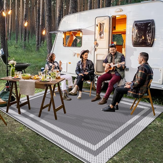 HappyTrends,Outdoor Rug,Patio Rug,Reversible Portable Outdoor Plastic Straw Rug,Camping Rugs for Outside RV,Large Waterproof Area Rugs for Patio,Deck,Picnic,Porch,Balcony(4'x 6',White&Gray)