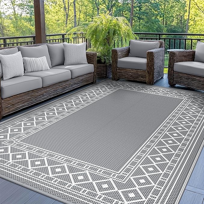 GENIMO Outdoor Rug Waterproof for Patio Decor, 6'x9' Reversible Plastic Straw Area Carpet, Camping Outside Mat for Outdoor, RV, Deck, Camper, Balcony, Picnic, Grey & White