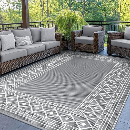 GENIMO Outdoor Rug Waterproof for Patio Decor, 6'x9' Reversible Plastic Straw Area Carpet, Camping Outside Mat for Outdoor, RV, Deck, Camper, Balcony, Picnic, Grey & White