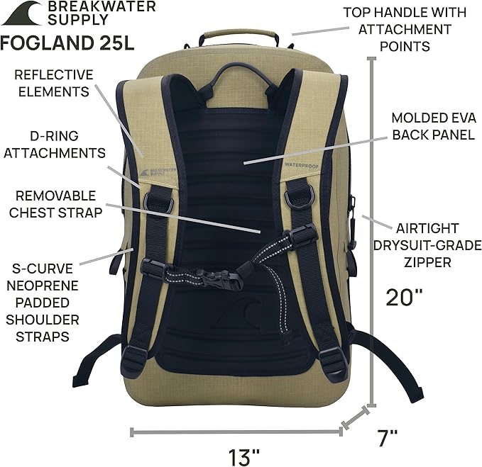 Breakwater Supply™ 100% Waterproof Submersible Backpack, Laptop Bag, Airtight Zippers | Travel Outdoors | Fogland 25L 20L 15L