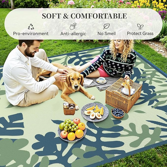 MontVoo Outdoor Rug Waterproof 5x8 ft RV Outdoor Rug for Camping Picnic Mat Outdoor Patio Rug Carpet Plastic Straw Reversible Floral Teal Blue Green