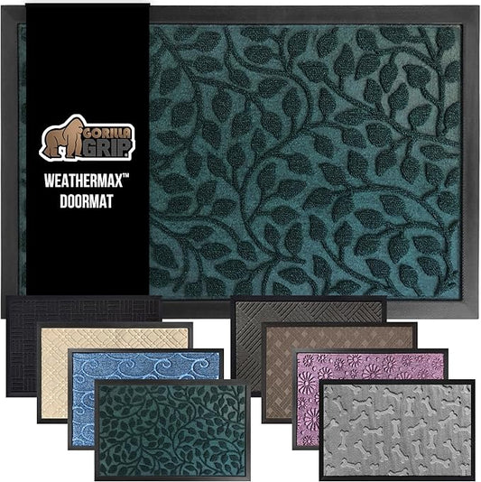 GORILLA GRIP 100% Waterproof All-Season WeatherMax Doormat, Durable Natural Rubber, Stain and Fade Resistant, Low Profile, Indoor Outdoor Door Mats, Easy Clean Entrance Mat, 17x29, Moss Vine Leaves