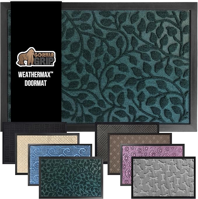 GORILLA GRIP 100% Waterproof All-Season WeatherMax Doormat, 23x35, Durable Natural Rubber, Stain and Fade Resistant, Low Profile, Indoor Outdoor Doormats, Easy Clean Patio Entry Mat, Moss Vine Leaves