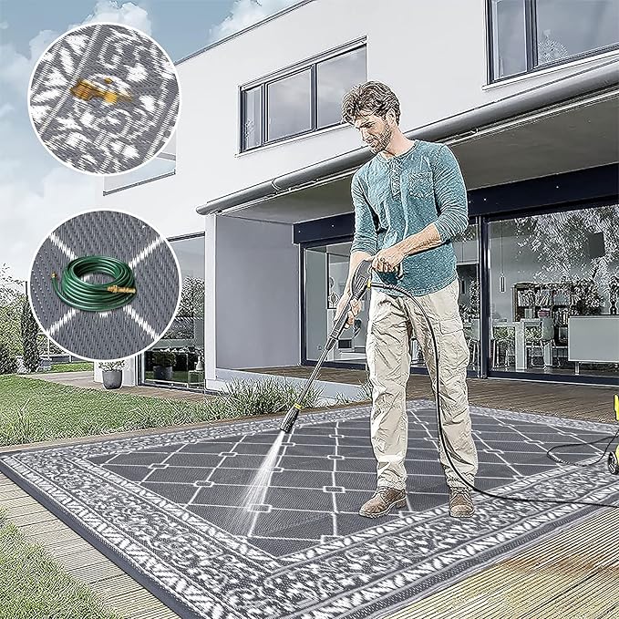 HiiARug Reversible Mat Plastic Outdoor Rugs for Patios Clearance Waterproof Plastic Straw Rug Large Area Rug for Outdoor, Porch, Patio, RV,Camping,5x7Ft, Grey