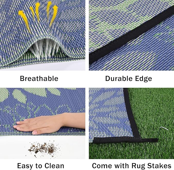 Ileading Reversible Outdoor Rug 5x8Ft Waterproof Patio Rug Carpet Portable Outdoor Plastic Straw Rug Large RV Camping Mat Rug for Patio, Clearance, Deck, Beach, Porch, Camping, Picnic, Colorful
