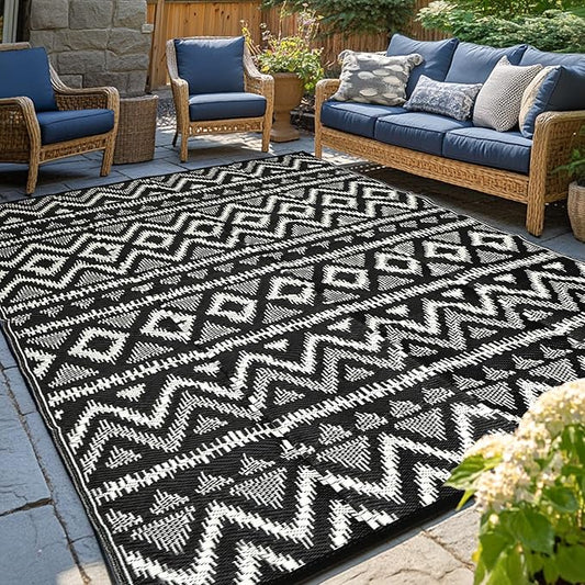 Waterproof Outdoor Rug 6x9 ft, Reversible Plastic Straw Rug, Easy to Clean Patio Rug, Portable Carpet for Patio, RV, Deck, Balcony, Backyard, Picnic, Beach, Geometric Diamond, Gray