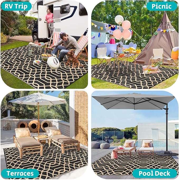 HEBE Outdoor Rug 9'x12' for Patios Waterproof Clearance Reversible Patio Mat Plastic Straw Rug RV Camping Mat Outside Area Rug Carpet for Camping RV,Porch,Deck,Balcony,Camper,Backyard